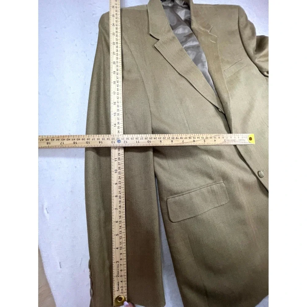 Chaps Ralph Lauren Blazer Jacket Men Tan Silk Herringbone Sport Coat Notch Lapel